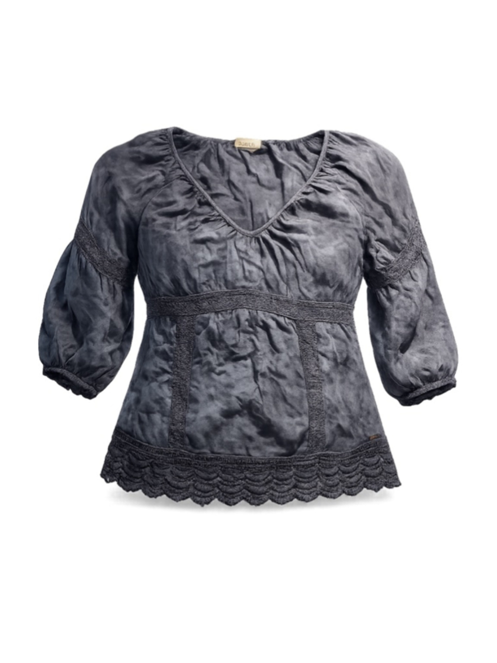 Women's Billabong Blouse L Gray Black Tie-Dye Crochet Trim